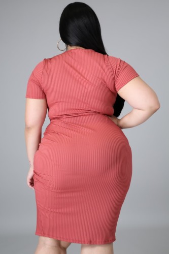 Plus Size Pink Slit Drawstring Short Sleeve Bodycon Dress
