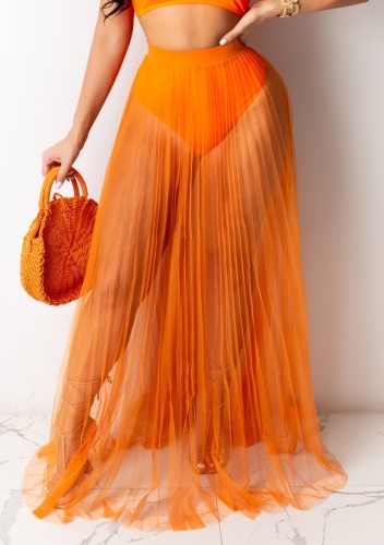 Sexy Orange Mesh Pleated Long Skirt Beach Cover Up