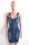 Dark Blue Button Up Suspender Bodycon Denim Dress