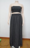 Plus Size Dotted Black Bandeau Top and Slit Long Skirt Set