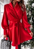 Red Bishop Sleeve Wrap Belted Skater Dress
