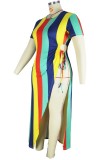 Plus Size Multicolor Striped Sexy Slit Long Dress