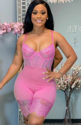 Pink Mesh Bodice Lace Trim Tight Mid Thigh Romper