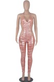 Sexy Cut Out Pink Shiny Halter Ruched Jumpsuit