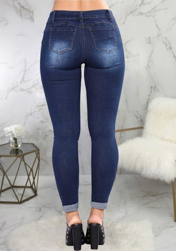 Trendy Fitted Dark Blue Ripped Jeans