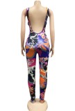 Print Criss Cross Hollow Out Sleeveless Bodycon Jumpsuit