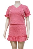 Plus Size Ruffles Pink Beaded Top and Mini Skirt Set