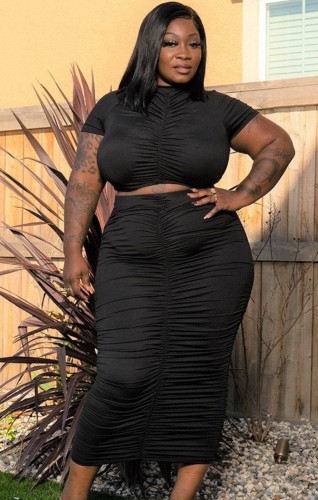 Plus Size Black Sexy Ruched Crop Top and Midi Skirt 2PCS Set