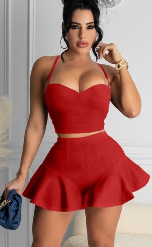 Red Sexy Strap Crop Top and Ruffle Shorts Two Pieces