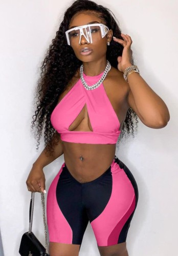 Hot Pink & Black Sexy Halter Crop Top and Shorts Two Pieces