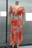 Floral Orange Crop Top and Slit Long Skirt Set