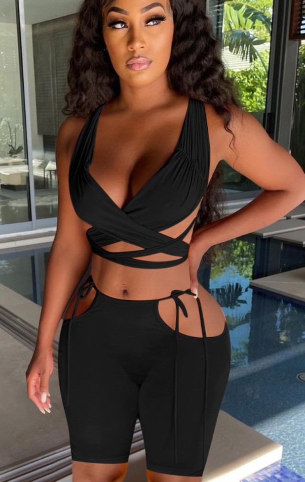 Black Sexy Wrap Crop Top and Cut Out Biker Shorts Set