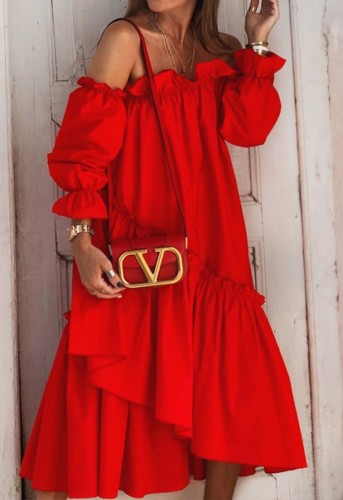 Red Frilled Off Shoulder Long Loose Casual Dress