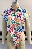 Colorful Letter Print Slit Irregular Blouse