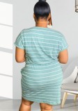 Plus Size Green Stripes Drawstrings T-shirt Dress