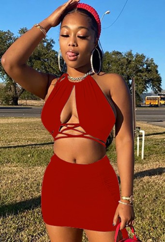 Sexy Red Halter Crop Top and Drawstings Mini Skirt Set