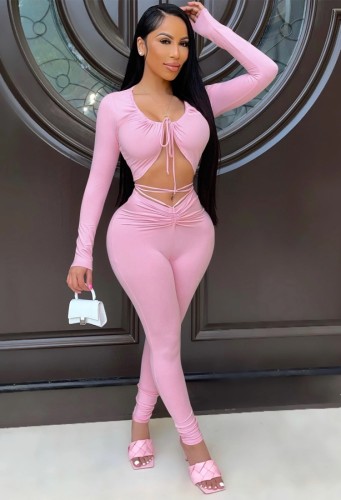 Pink Sexy Crop Top and Pants Two Piece Set