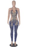 Sexy Cut Out Blue Shiny Halter Ruched Jumpsuit