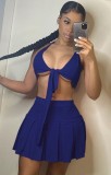 Blue Sexy Tie Front Halter Bra and Pleated Skirt Set