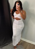 White Sexy Cut Out Ruched Halter Maxi Pencil Dress