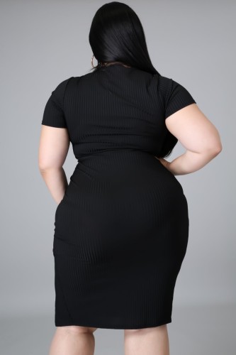 Plus Size Black Slit Drawstring Short Sleeve Bodycon Dress