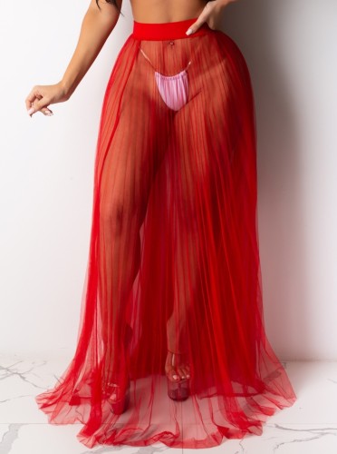 Sexy Red Mesh Pleated Long Skirt Beach Cover Up