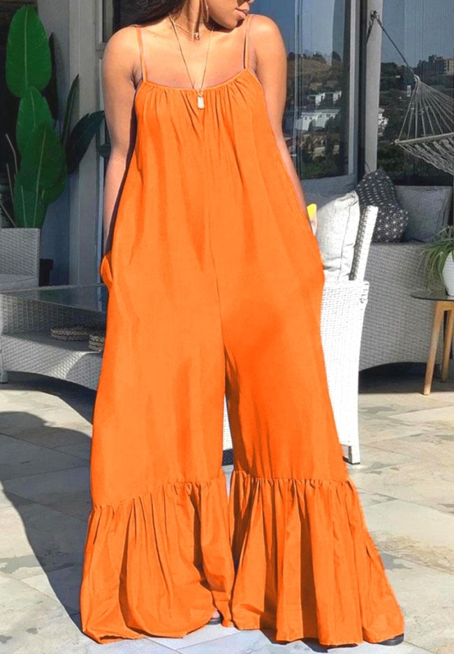Plus Size Strap Loose Ruffle Solid Orange Jumpsuit