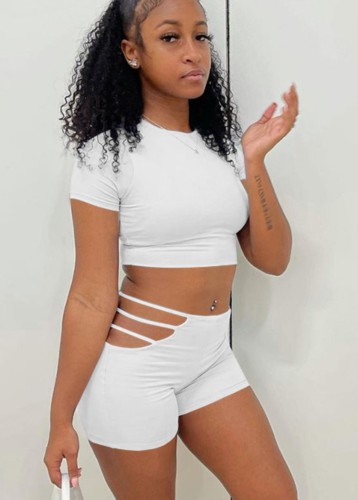 White  Sexy Crop Tee and Cut Out Shorts Two Pieces