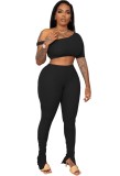 Black Sexy Asymmetric Crop Top and Pants Bodycon 2pcs Set