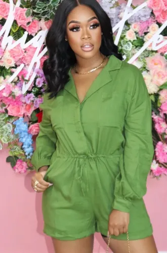 Green Long Sleeve Casual Drawstrings Cargo Rompers
