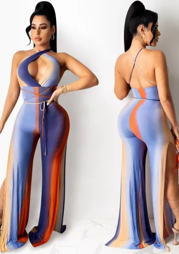 Sexy Gradient Slit Bottom Cross Halter Jumpsuit
