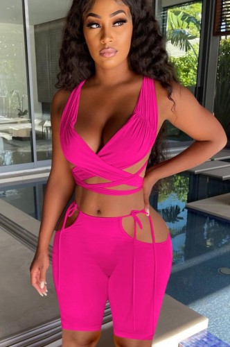 Hot Pink Sexy Wrap Crop Top and Cut Out Biker Shorts Set