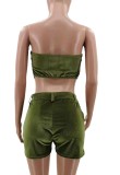 Green Velvet Sexy Strapless Crop Top and Shorts Two Pieces