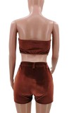 Brown Velvet Sexy Strapless Crop Top and Shorts Two Pieces