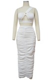 White Sexy One Shoulder Crop Top and Ruched Long Skirt Set