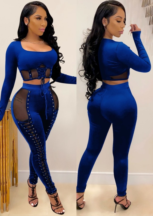 Blue Mesh Splicing Eyelet Lace Up Sexy Crop Top & Pants Set