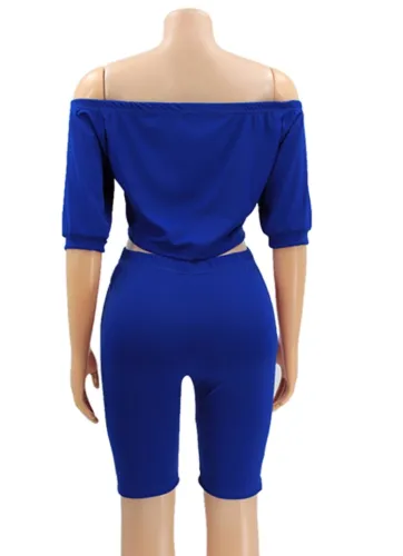 Blue Half Sleeve Off Shoulder Crop Top and Biker Shorts Set
