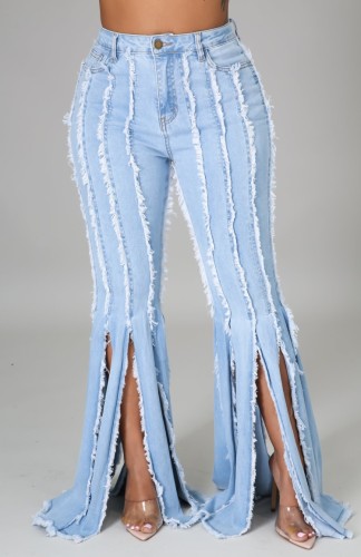 High Waist Light Blue Fringe Slit Bottom Flare Jeans