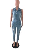 Blue Sleeveless Button Up Denim Jumpsuit with Pockets
