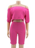 Hot Pink Half Sleeve Off Shoulder Crop Top and Biker Shorts Set