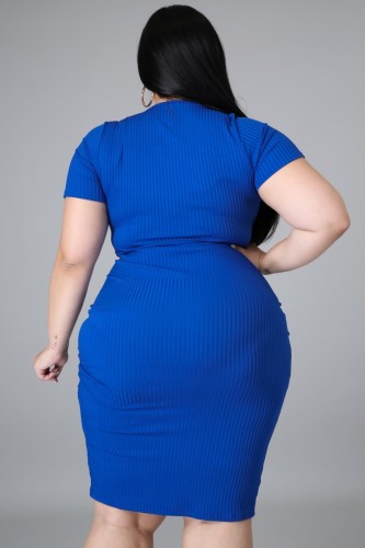 Plus Size Blue Slit Drawstring Short Sleeve Bodycon Dress