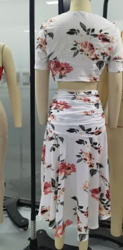Floral White Crop Top and Slit Long Skirt Set