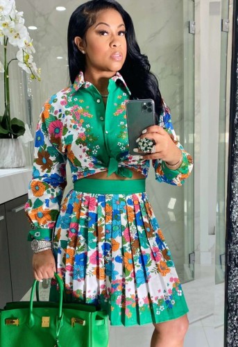 Green Floral Blouse and Pleated Skirt Two Pieces