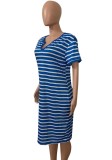 Plus Size V Neck Blue Striped T-Shirt Dress