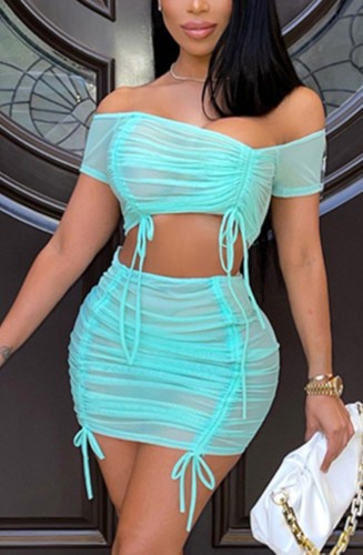 Blue Sexy Ruched Off Shoulder Crop Top & Mini Skirt Set