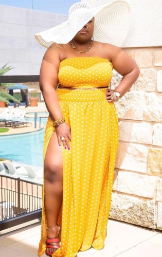 Plus Size Dotted Yellow Bandeau Top and Slit Long Skirt Set