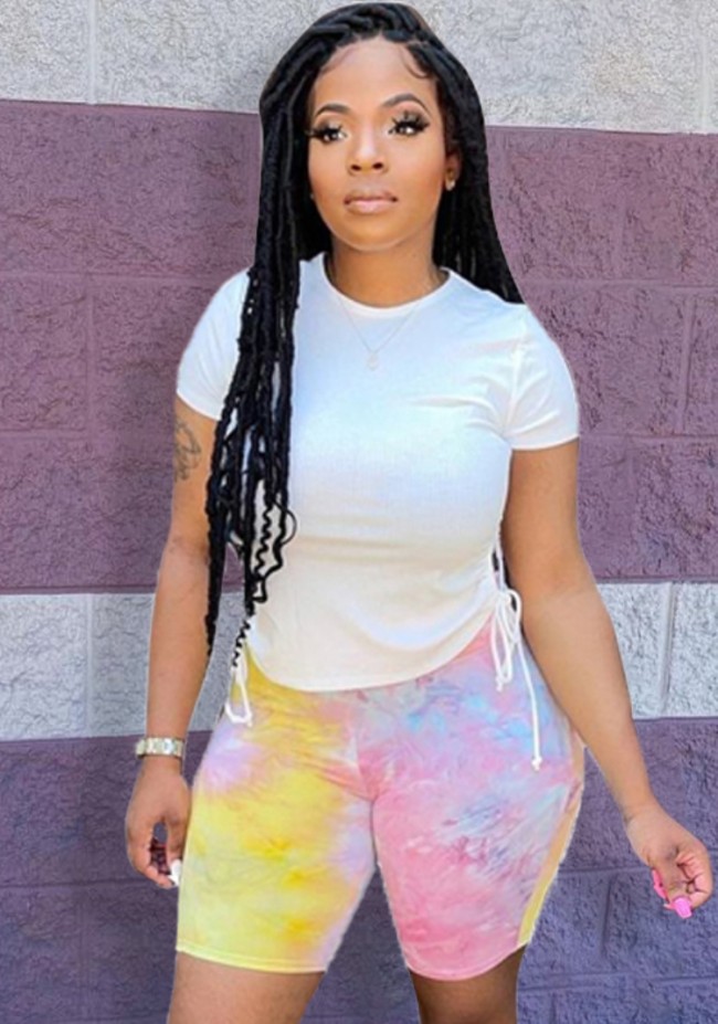 White Drawstring Top and Tie Dye Shorts Two Pieces