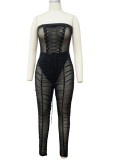 Black Sexy Lace Up Ruched Bodycon Strapless Jumpsuit