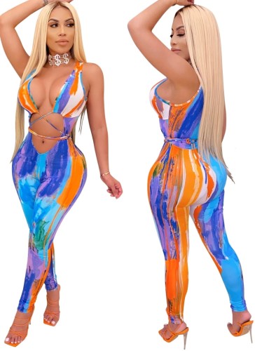 Colorful Hollow Out Sexy Bodycon Sleeveless Jumpsuit
