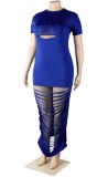 Plus Size Blue Sexy Ripped Bodycon Maxi Dress